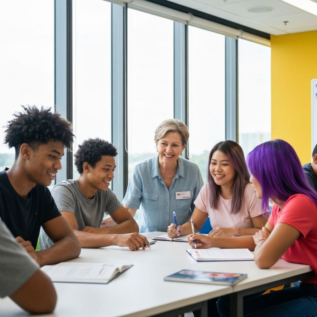 Students in a bright summer classroom